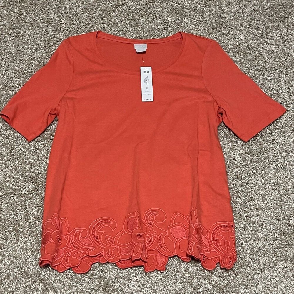 Chicos Shirt Womens 0 Orange Short Sleeve Lace Hem Tee Casual Blouse Top